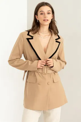 Taupe Up For The Day Belted Contrast Collar Blazer