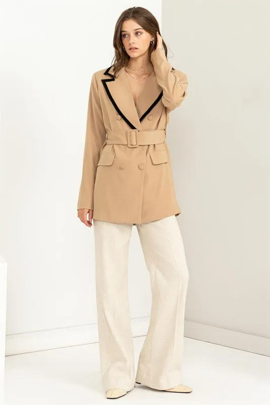 Taupe Up For The Day Belted Contrast Collar Blazer