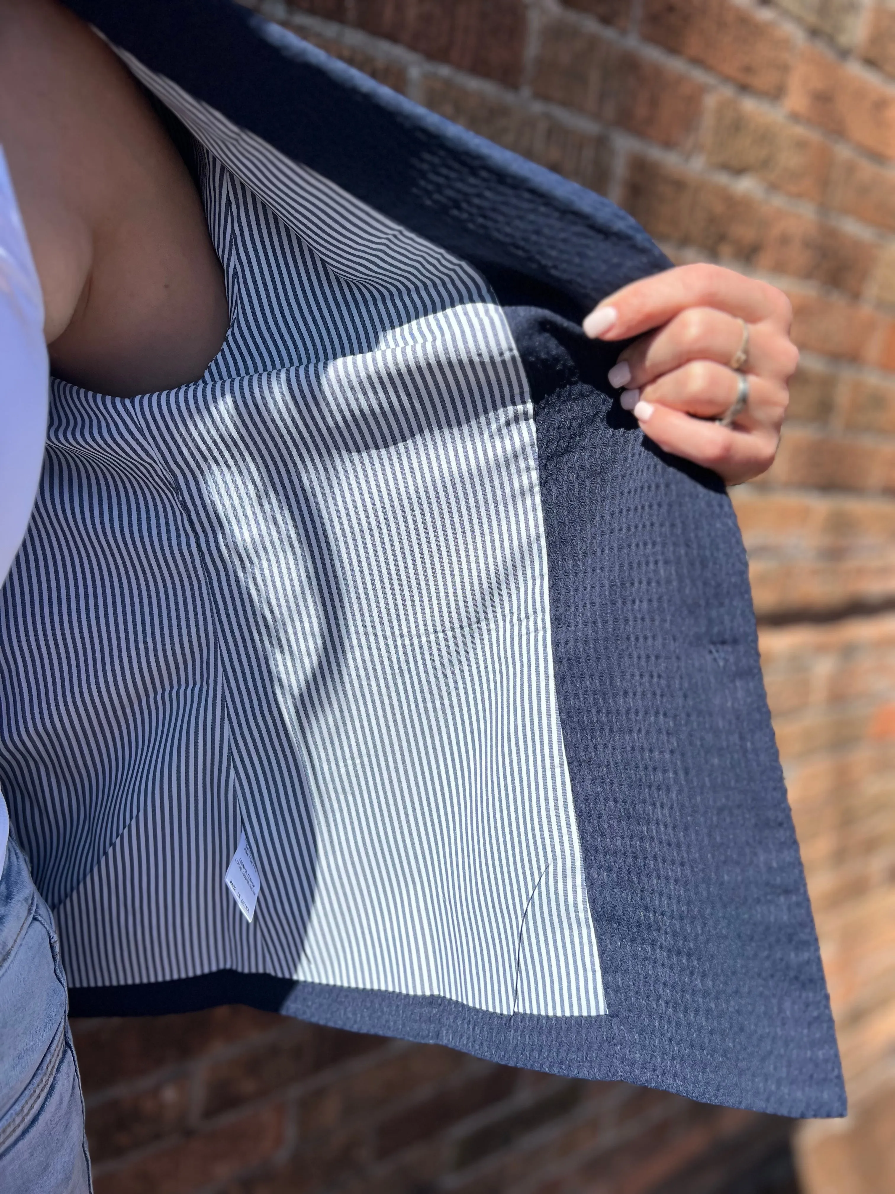 Textured Lightweight Blazer with Striped Cuffs