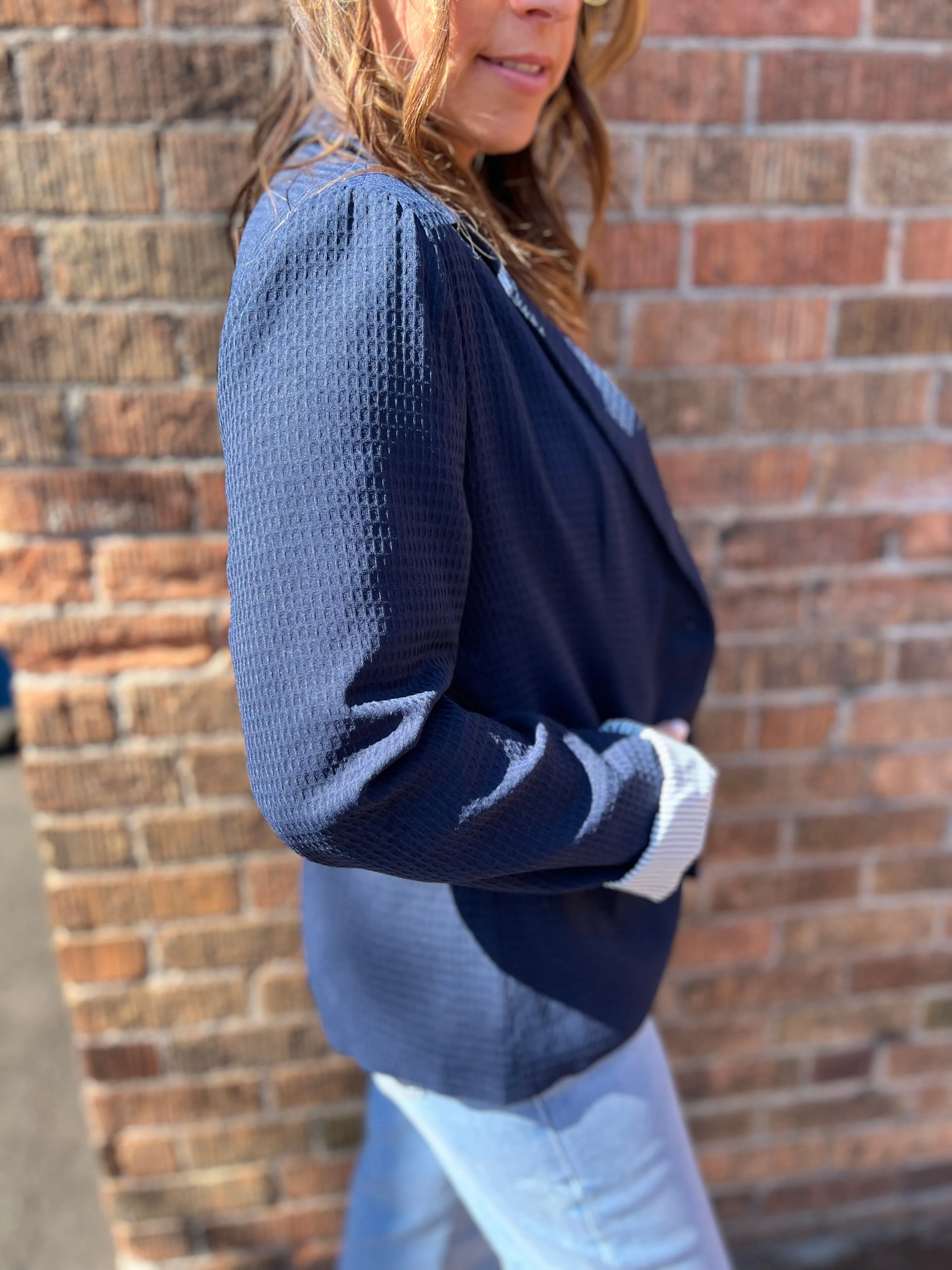 Textured Lightweight Blazer with Striped Cuffs