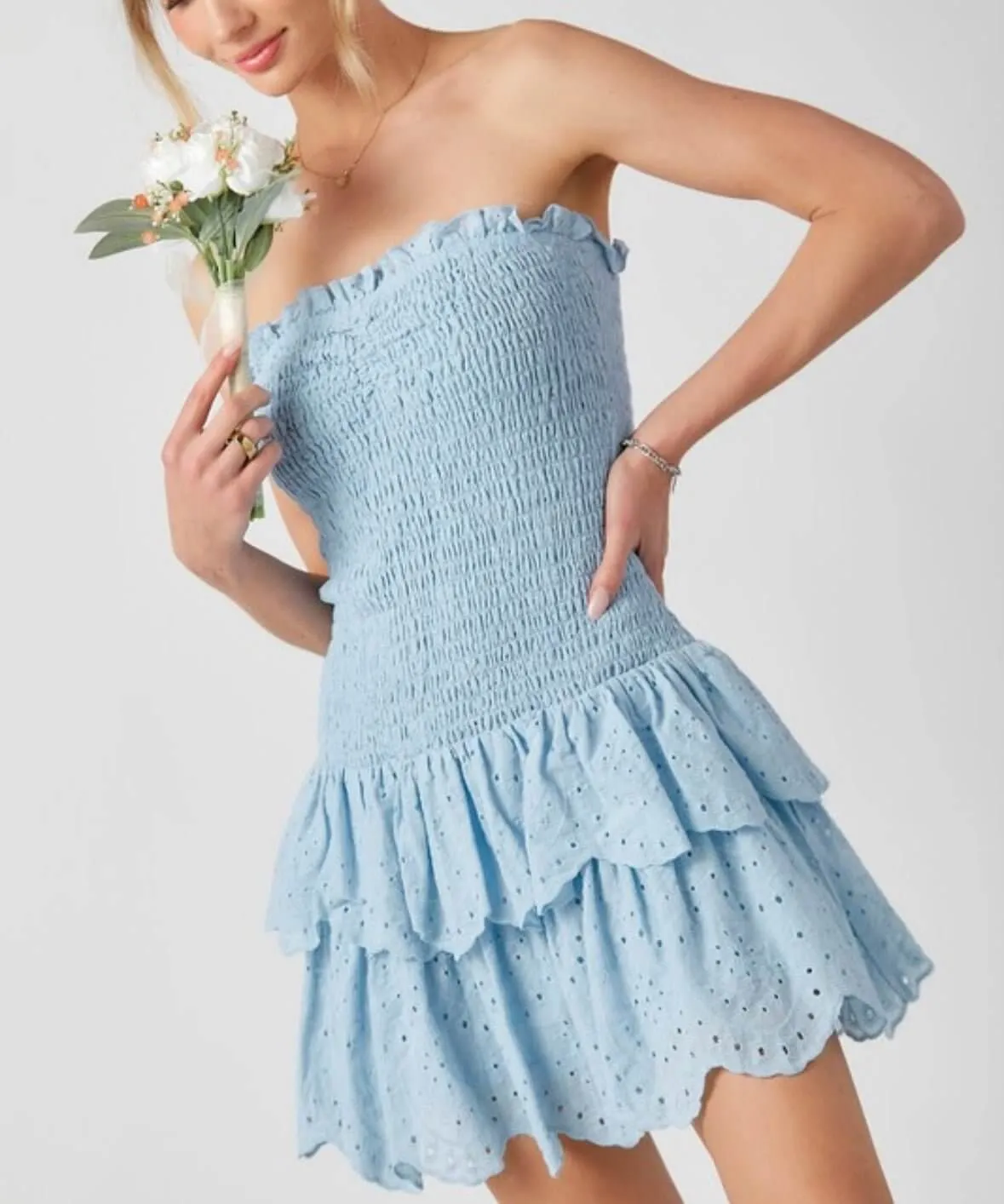 The Chloe Dress: Strapless Eyelet Mini Sundress