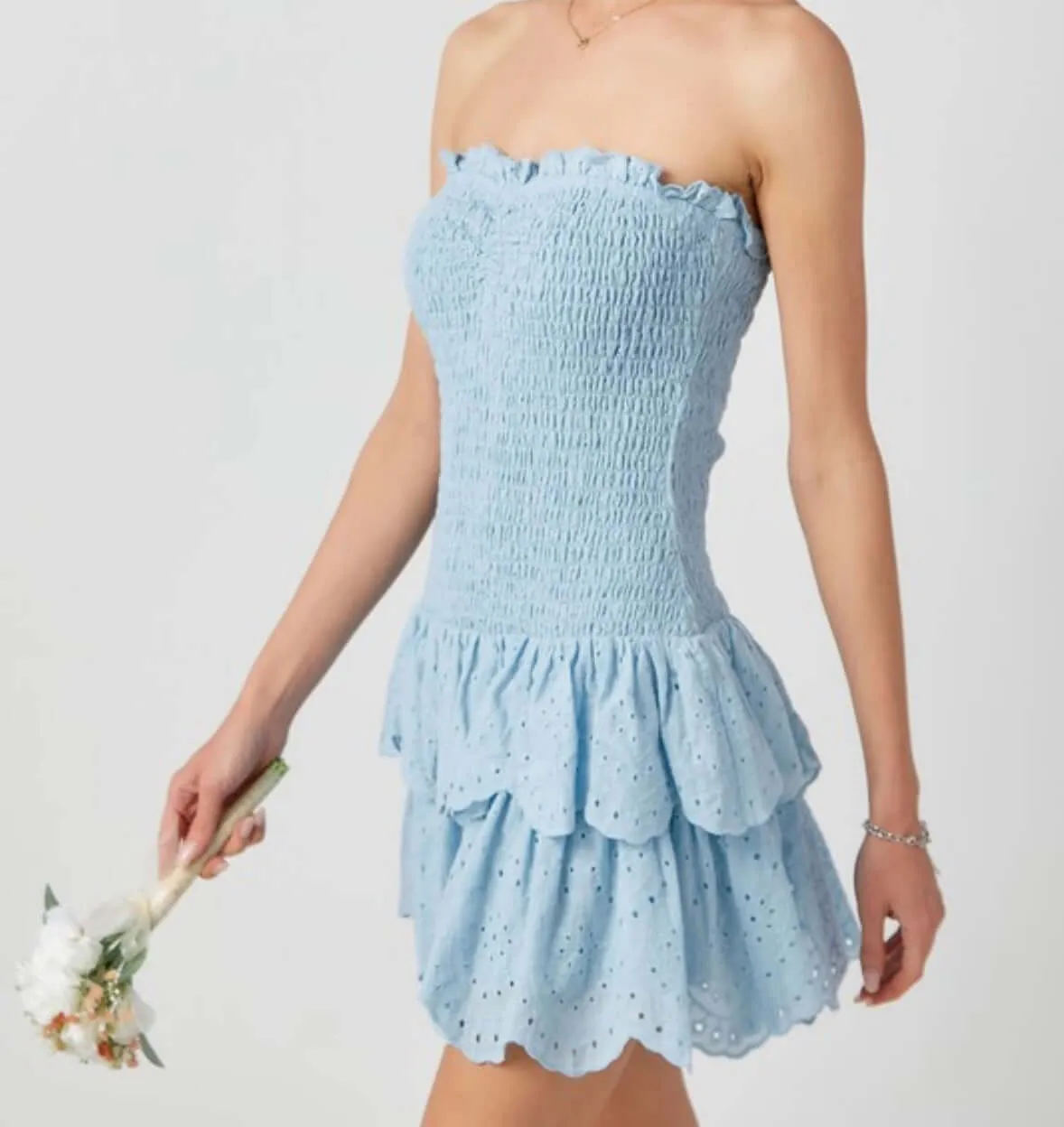 The Chloe Dress: Strapless Eyelet Mini Sundress