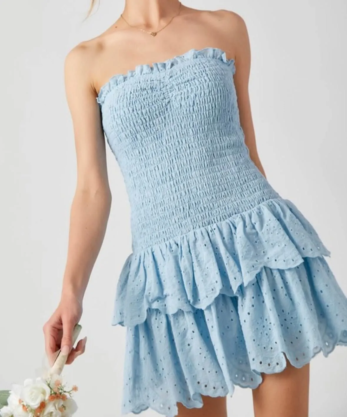 The Chloe Dress: Strapless Eyelet Mini Sundress