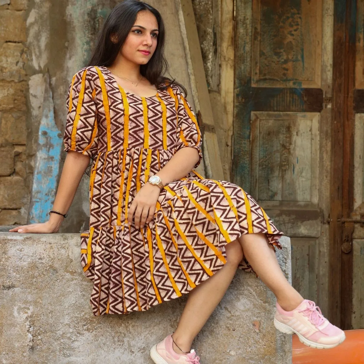 Tier Dress | Comfortable Day Wear | Golden Yellow And Brown | Batik Printed