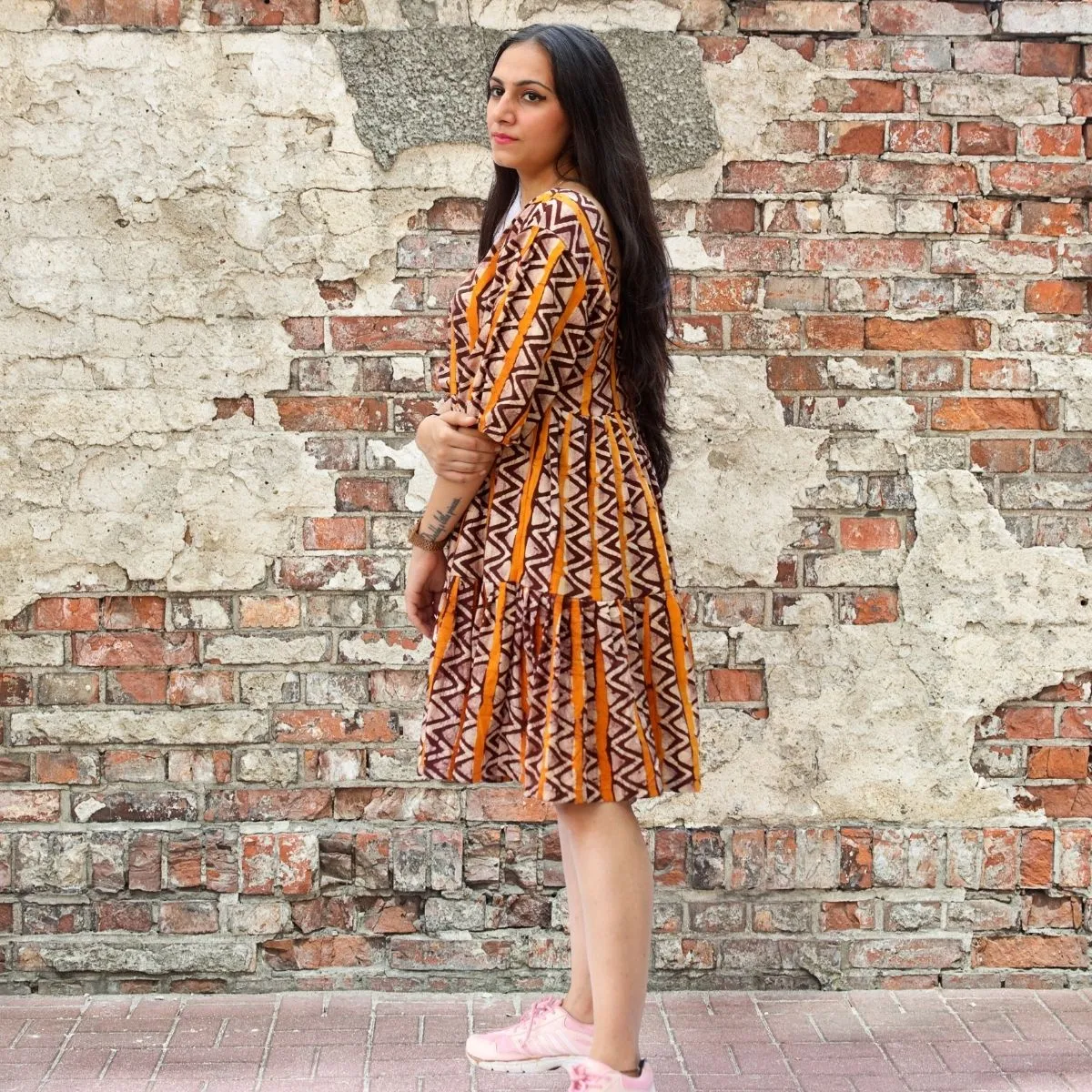 Tier Dress | Comfortable Day Wear | Golden Yellow And Brown | Batik Printed
