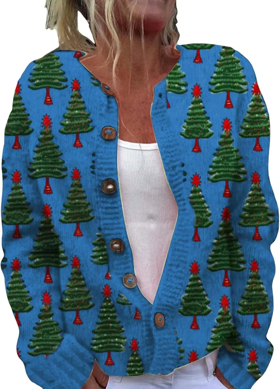 Ugly Christmas Sweater Floral Print Comfortable Knitted Cardigan Casual Oversized Knit Open Front Coatigan Plus Size