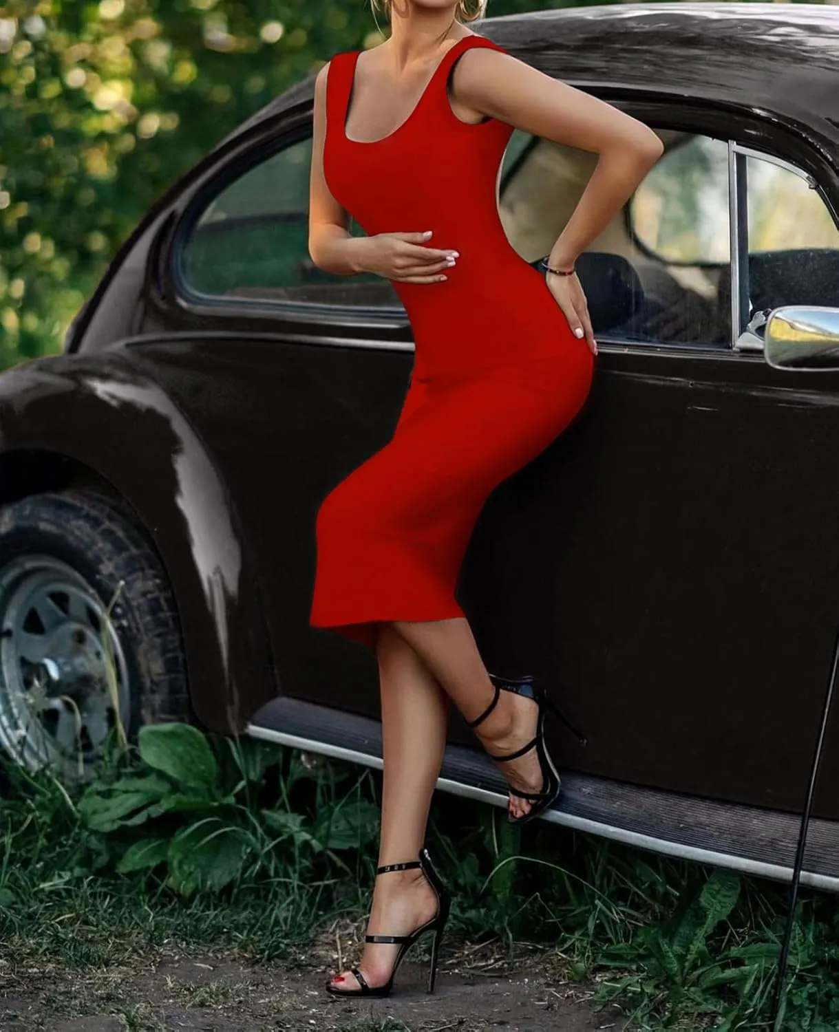 UONBOX Women's Backless Bodycon Dress Elegant Open Back Sleeveless Midi Party Cocktail Bandage Dress