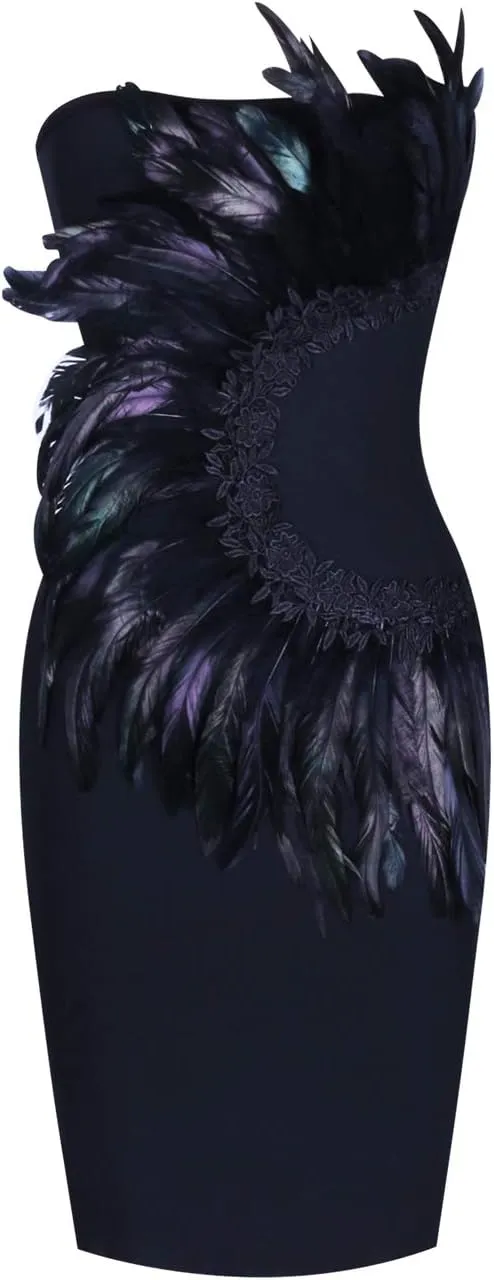 UONBOX Women's Elegant Strapless Feather Fashion Bodycon Bandage Tube Dress