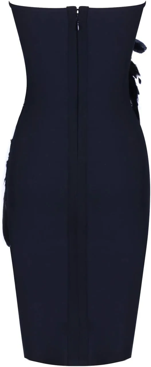 UONBOX Women's Elegant Strapless Feather Fashion Bodycon Bandage Tube Dress