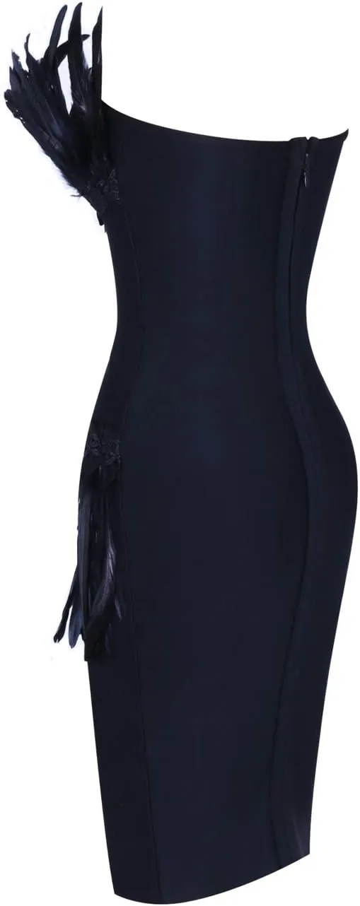 UONBOX Women's Elegant Strapless Feather Fashion Bodycon Bandage Tube Dress