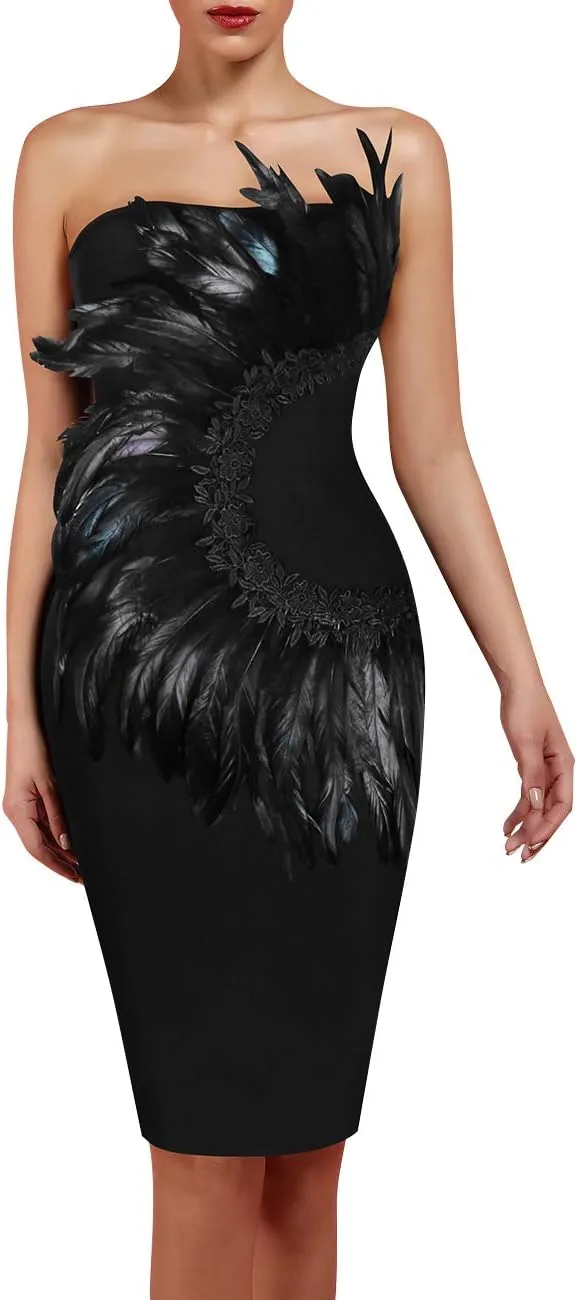 UONBOX Women's Elegant Strapless Feather Fashion Bodycon Bandage Tube Dress