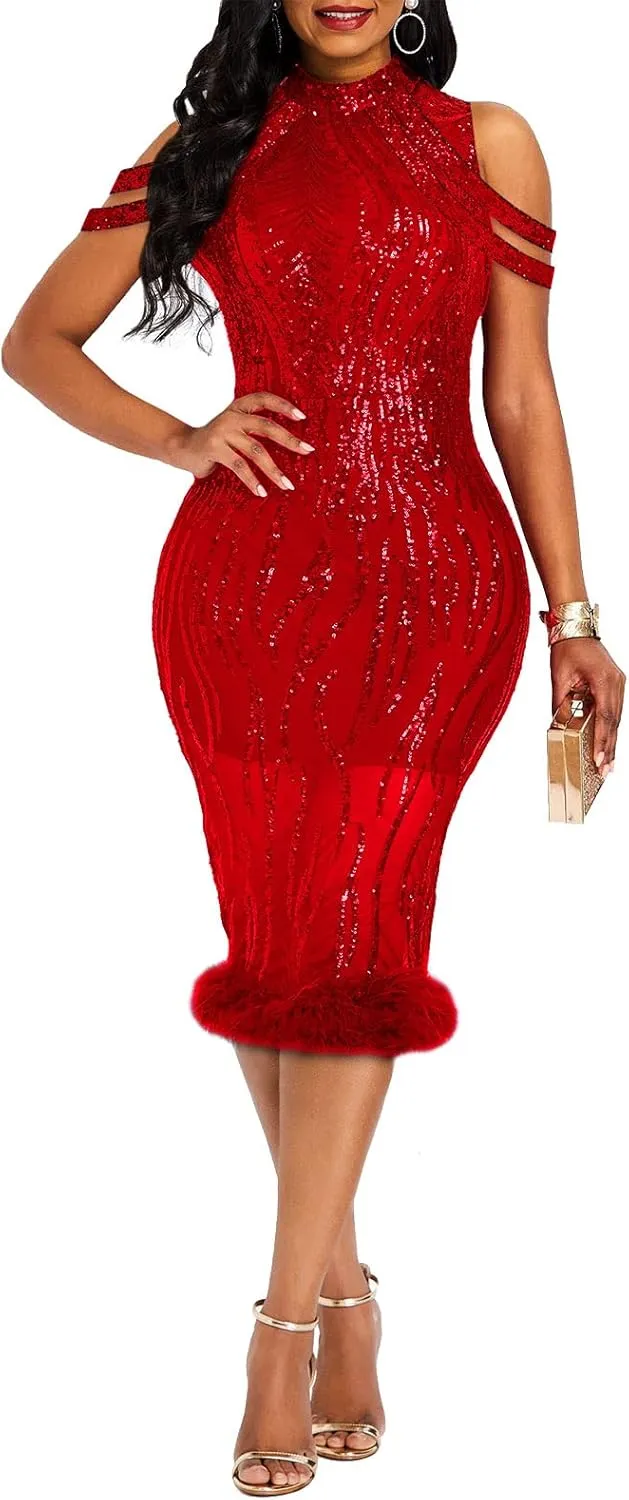 VERWIN Sequins Patchwork Bodycon Dress Women's Long Sleeve Dress Elegant Dress Plume Maxi Dress Party Dress
