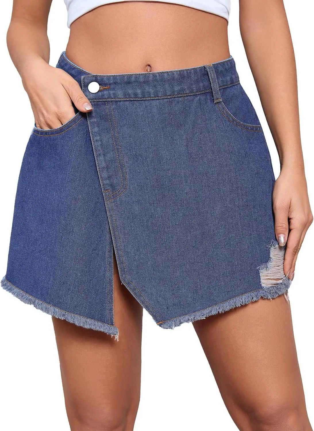 WDIRARA Women's High Waisted A-Line Button Wrap Denim Jean Skirt Mini Skirt