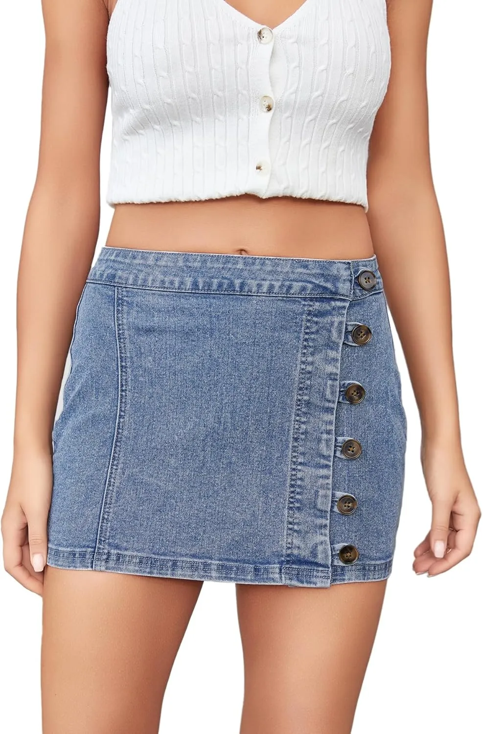 WDIRARA Women's High Waisted A-Line Button Wrap Denim Jean Skirt Mini Skirt