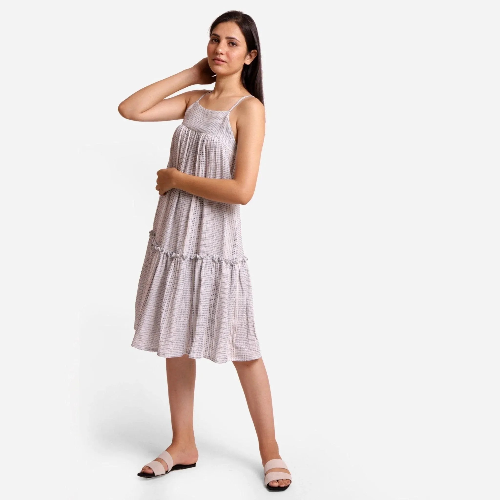 White Striped Cotton Knee Length Camisole Dress