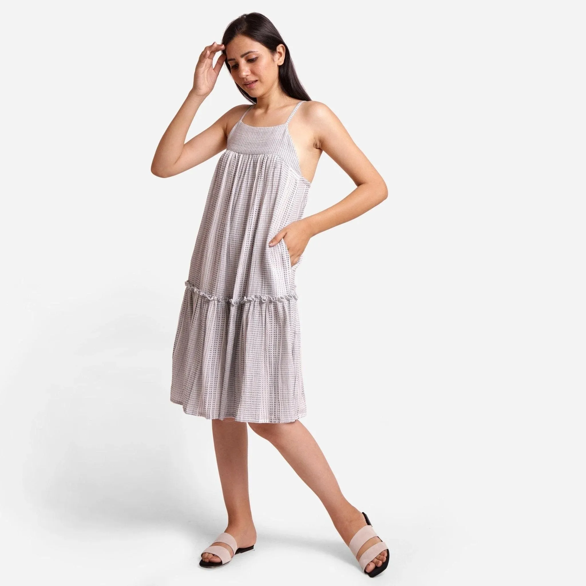 White Striped Cotton Knee Length Camisole Dress