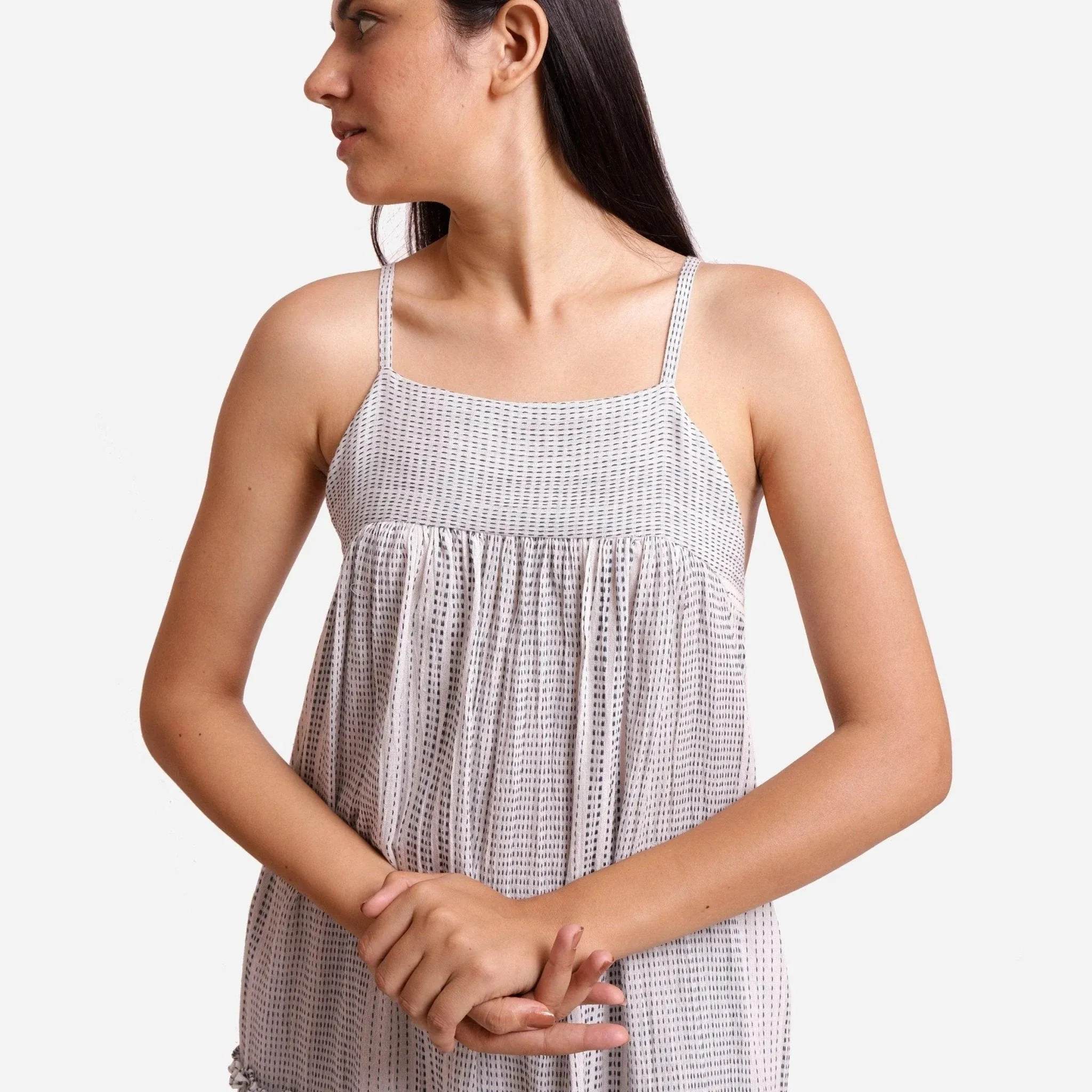 White Striped Cotton Knee Length Camisole Dress