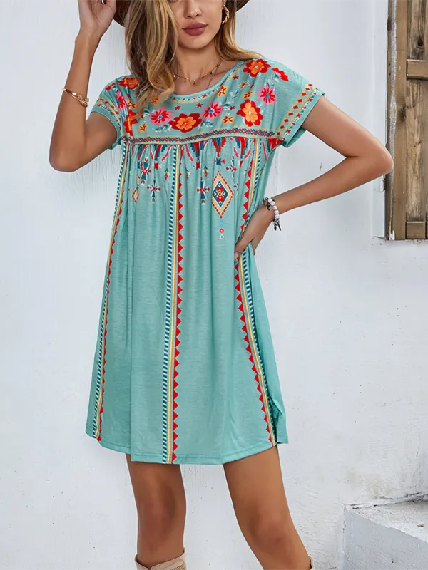 Women Boho Folk Floral Tee Dress - Short Sleeve Sundress