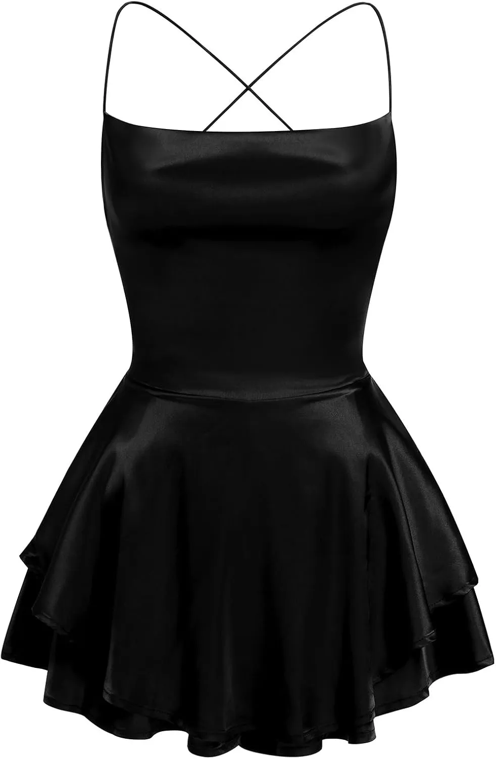 Women Sexy Spaghetti Strap Satin Dress Sleeveless Low Cut Backless Short Romper Dress Party Jumpsuit Mini Sundress