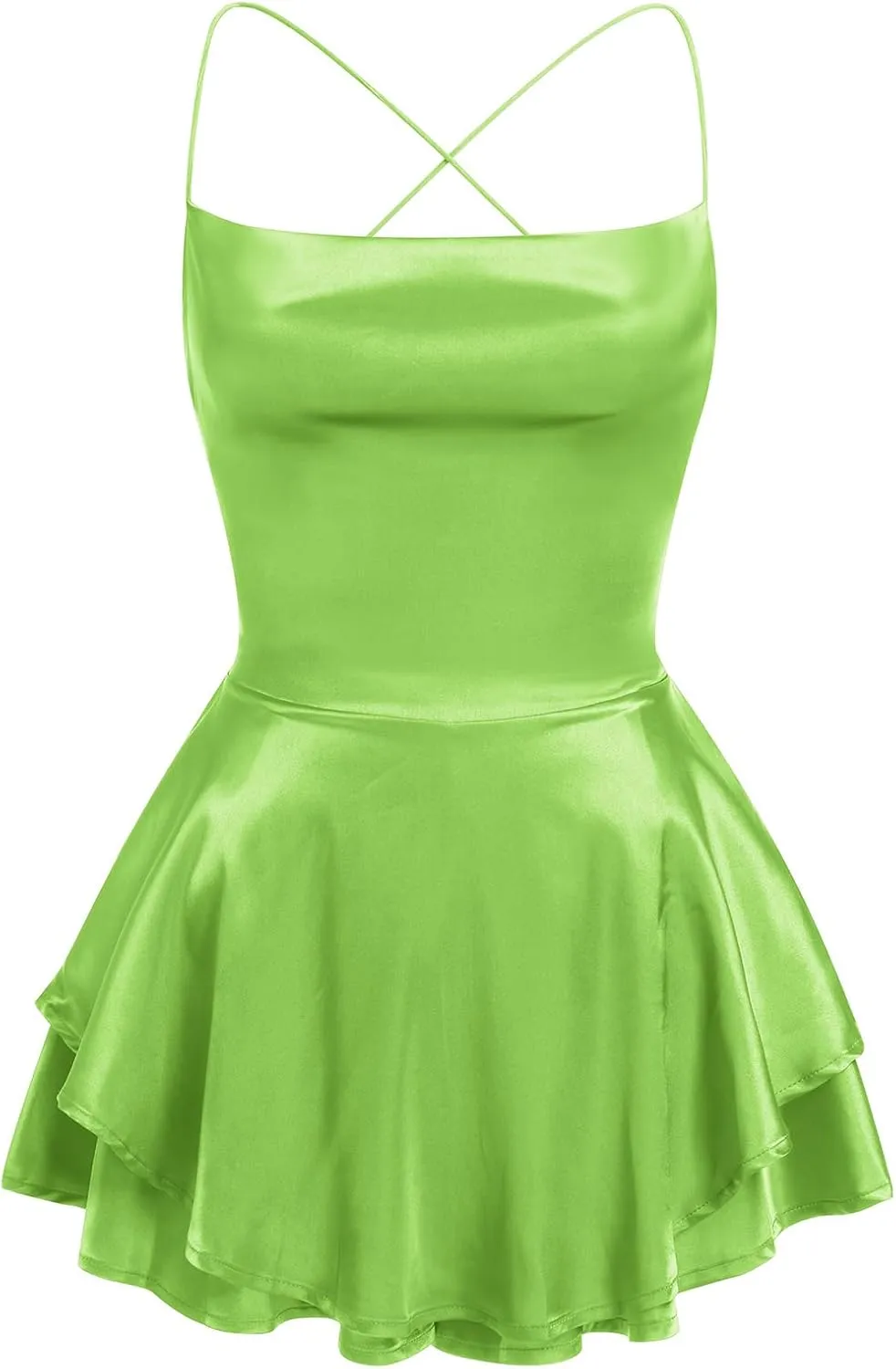 Women Sexy Spaghetti Strap Satin Dress Sleeveless Low Cut Backless Short Romper Dress Party Jumpsuit Mini Sundress