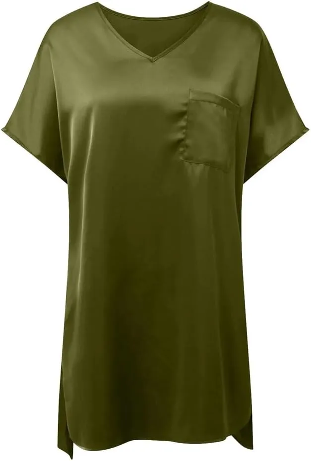 Women Sexy V Neck Side Slit Pajamas Dress Short Sleeve Nightgown Summer Sleeping Dress