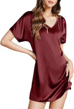 Women Sexy V Neck Side Slit Pajamas Dress Short Sleeve Nightgown Summer Sleeping Dress