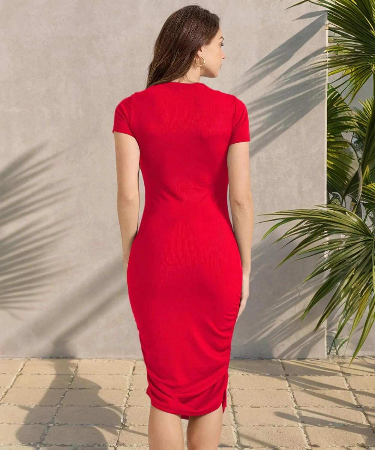 Women Summer T Shirt Casual Dress Crew Neck Wrap Ruched Bodycon Short Sleeve Party Club Midi Sundress