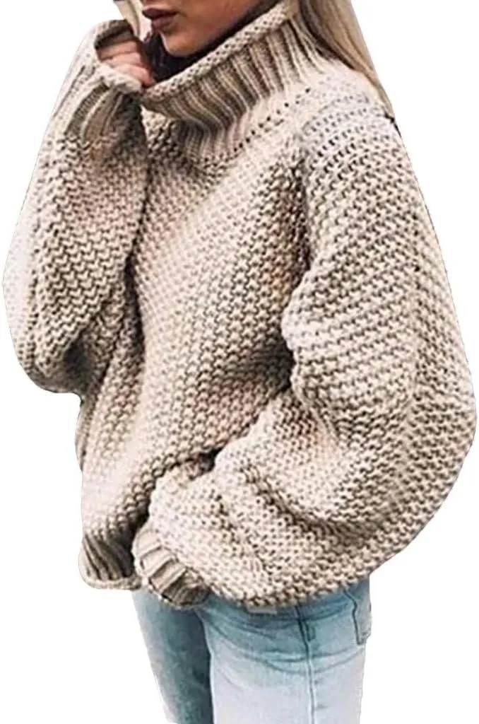 Women Sweaters for Fall and Winter Turtle Neck Chunky Knit Long Sleeve Sweater Batwing Sleeve Comfortable Solid Pullover