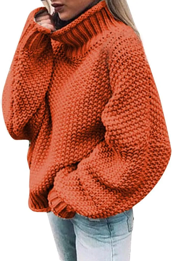 Women Sweaters for Fall and Winter Turtle Neck Chunky Knit Long Sleeve Sweater Batwing Sleeve Comfortable Solid Pullover