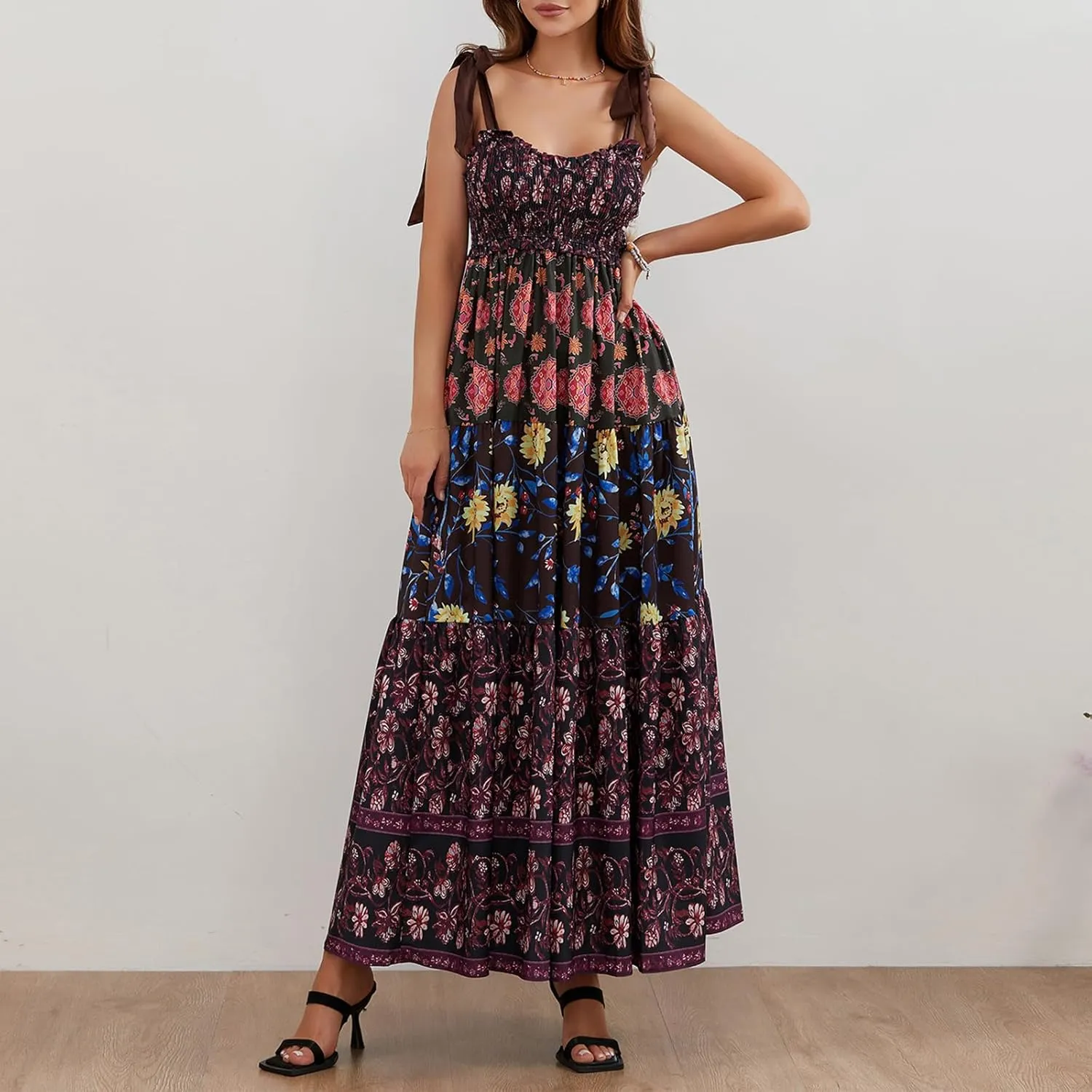 Women Tie Shoulder Boho Maxi Dress Floral Sleeveless Vacation Long Dress Summer Smocked Flowy Beach Sundresses