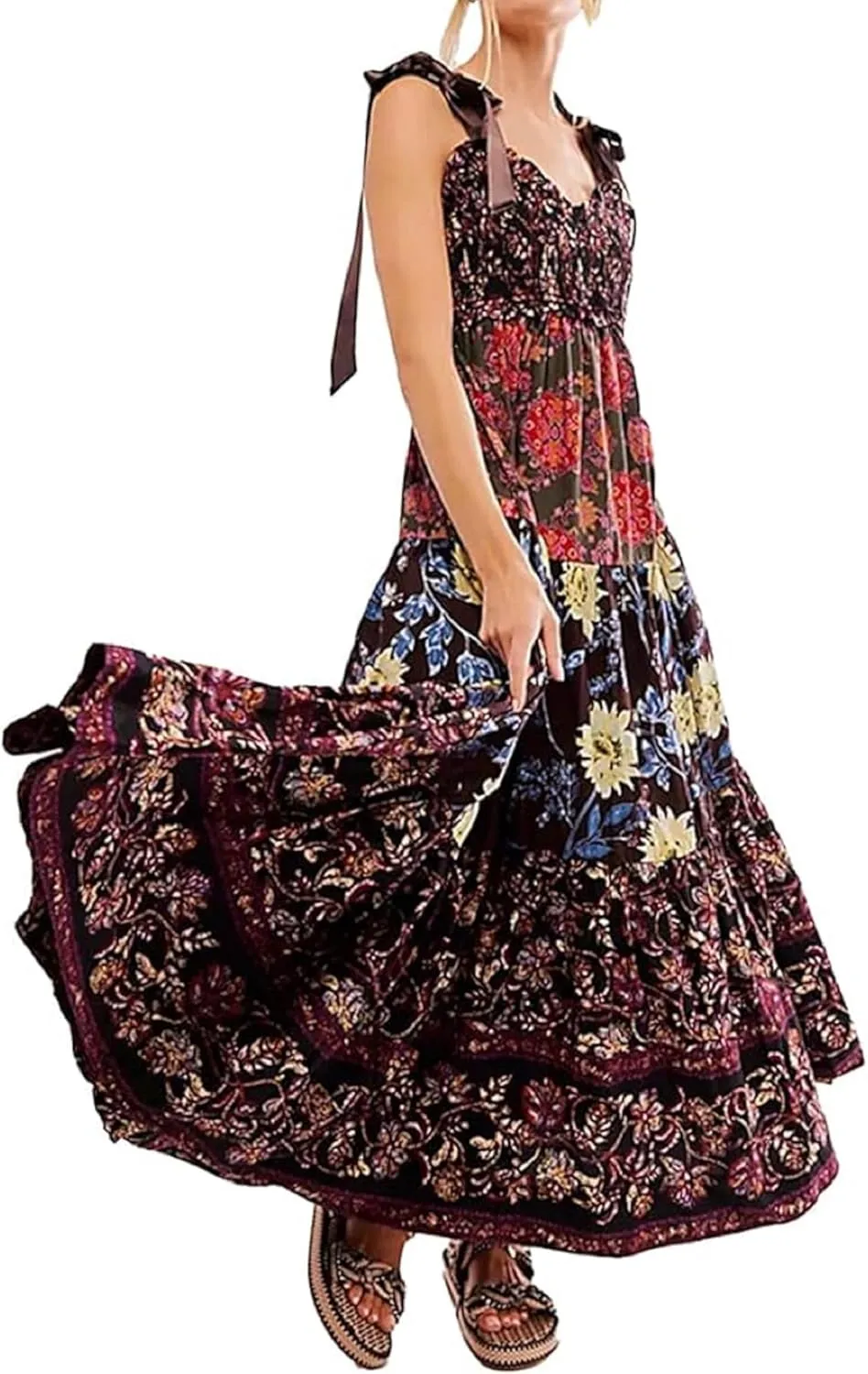 Women Tie Shoulder Boho Maxi Dress Floral Sleeveless Vacation Long Dress Summer Smocked Flowy Beach Sundresses
