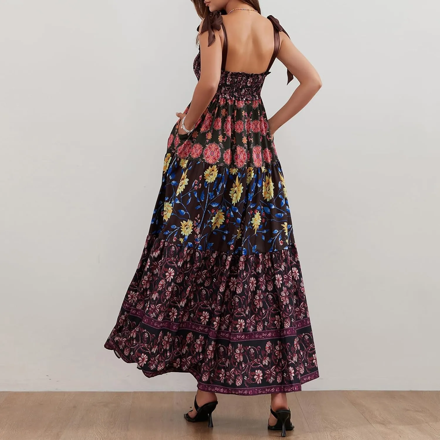 Women Tie Shoulder Boho Maxi Dress Floral Sleeveless Vacation Long Dress Summer Smocked Flowy Beach Sundresses