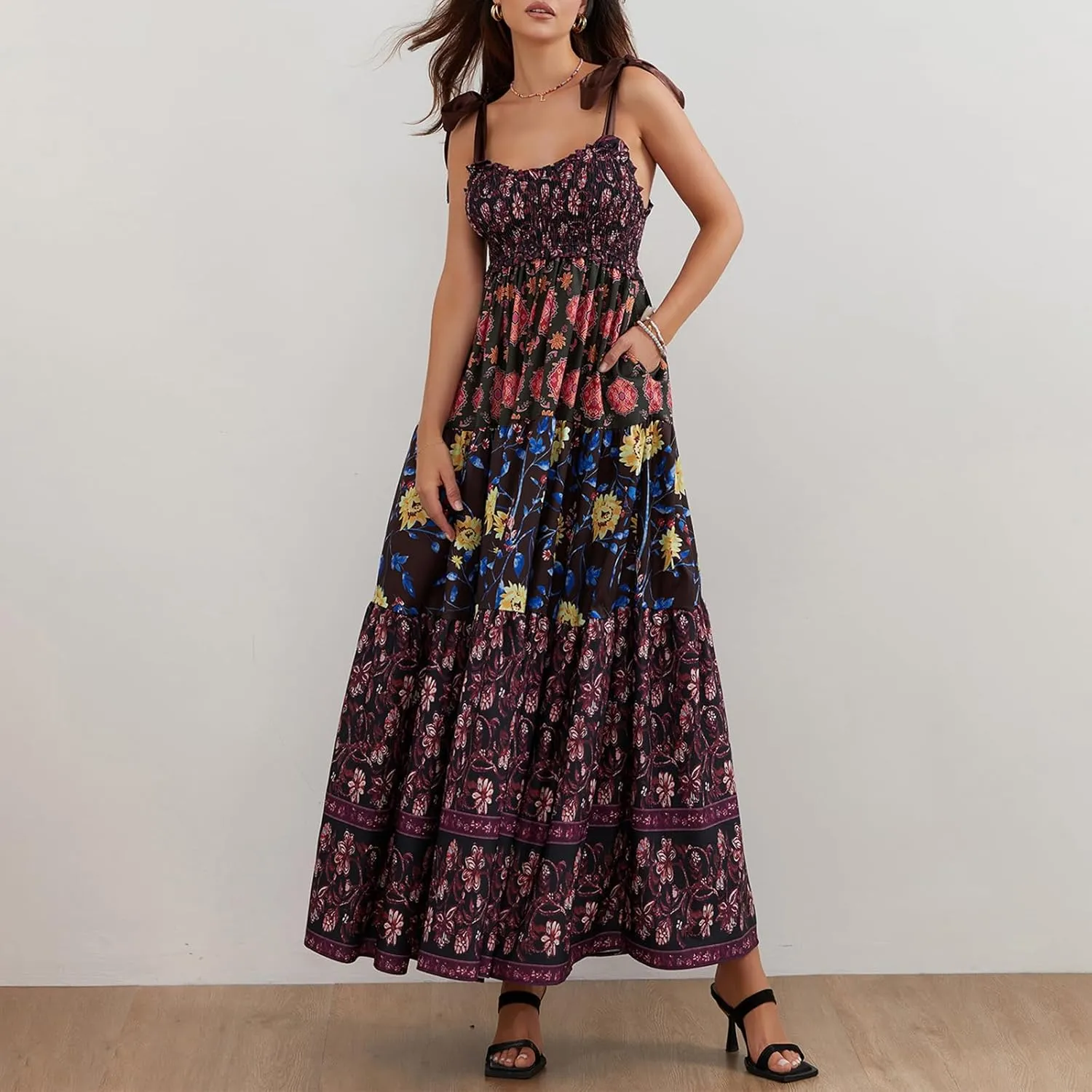Women Tie Shoulder Boho Maxi Dress Floral Sleeveless Vacation Long Dress Summer Smocked Flowy Beach Sundresses