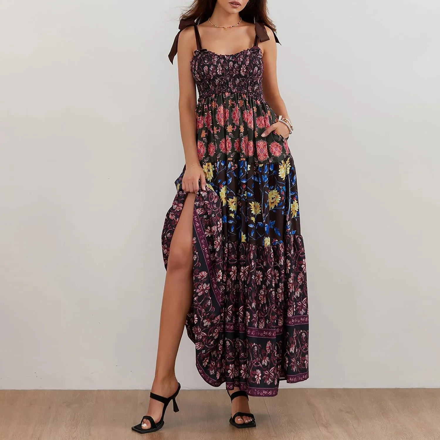 Women Tie Shoulder Boho Maxi Dress Floral Sleeveless Vacation Long Dress Summer Smocked Flowy Beach Sundresses