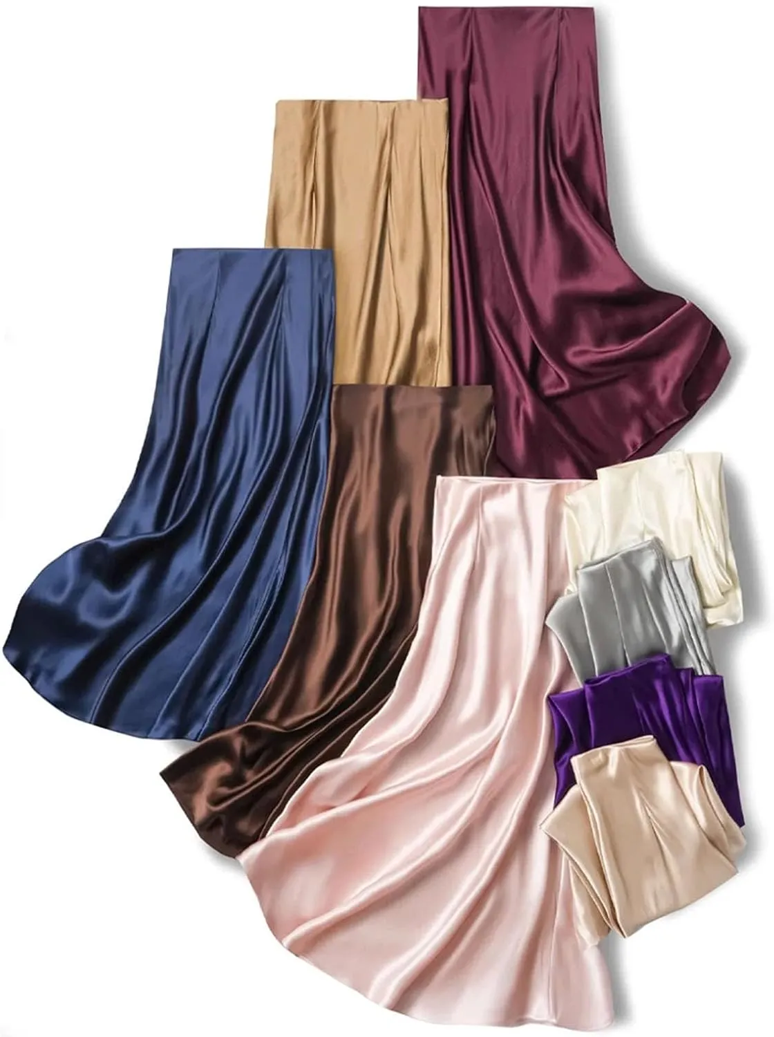 Women's 100 Percent Silk Maxi Skirt, Solid Elastic Waist A-Line