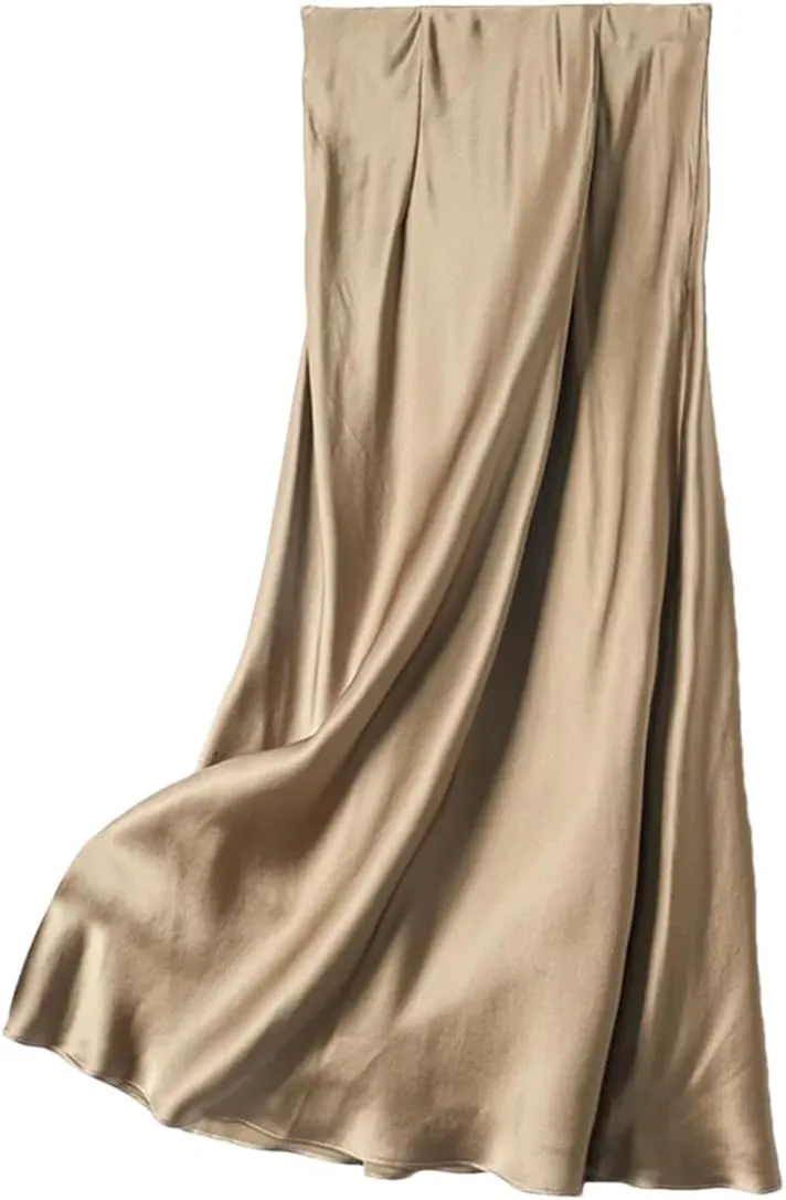 Women's 100 Percent Silk Maxi Skirt, Solid Elastic Waist A-Line