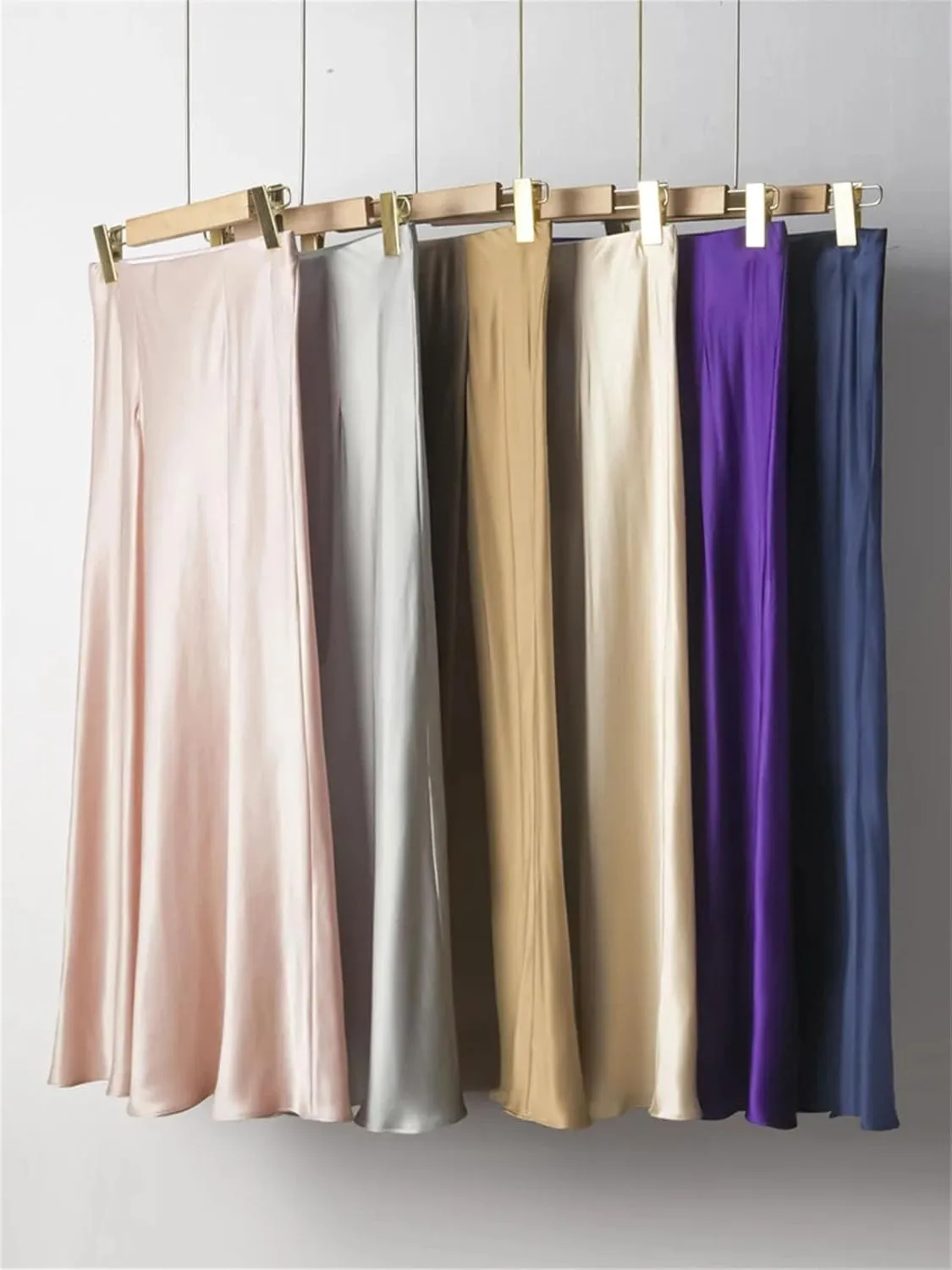Women's 100 Percent Silk Maxi Skirt, Solid Elastic Waist A-Line