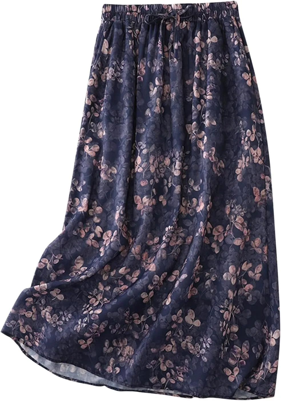 Women's Boho Floral Skirts Casual Soft Drawstring Elastic High Waisted Skirt Trendy Pleated Midi Skirts with Pockets