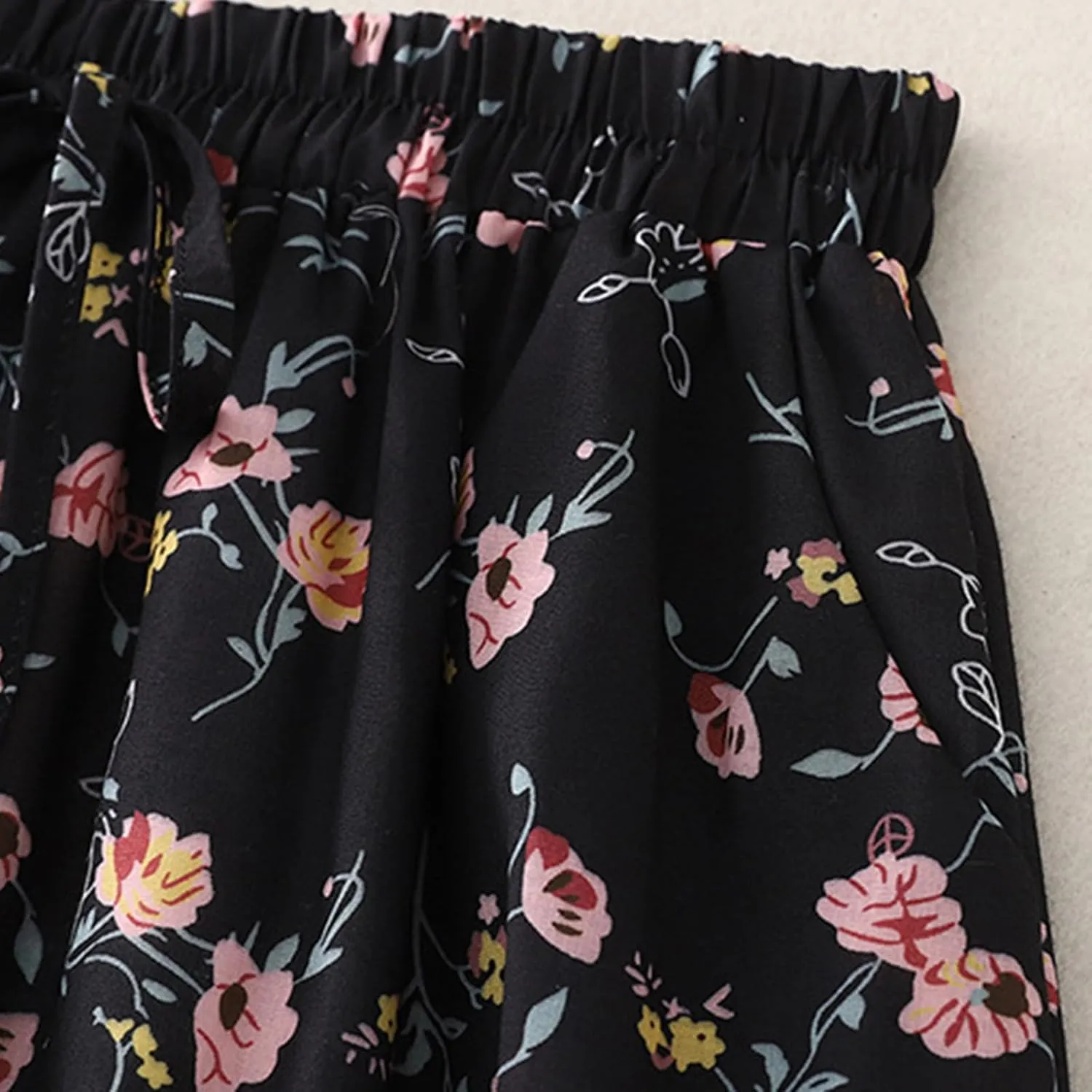 Women's Boho Floral Skirts Casual Soft Drawstring Elastic High Waisted Skirt Trendy Pleated Midi Skirts with Pockets