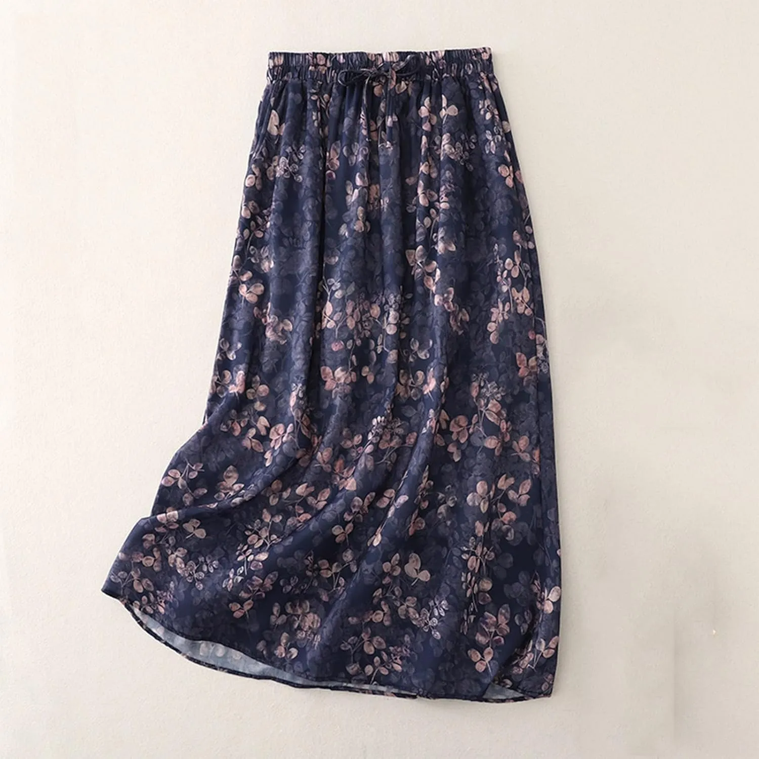 Women's Boho Floral Skirts Casual Soft Drawstring Elastic High Waisted Skirt Trendy Pleated Midi Skirts with Pockets