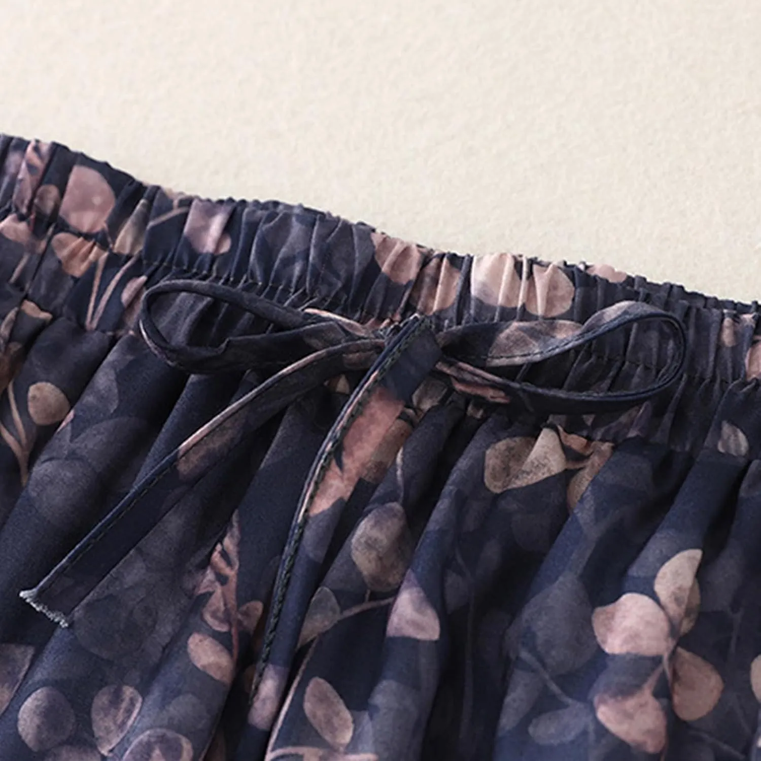 Women's Boho Floral Skirts Casual Soft Drawstring Elastic High Waisted Skirt Trendy Pleated Midi Skirts with Pockets