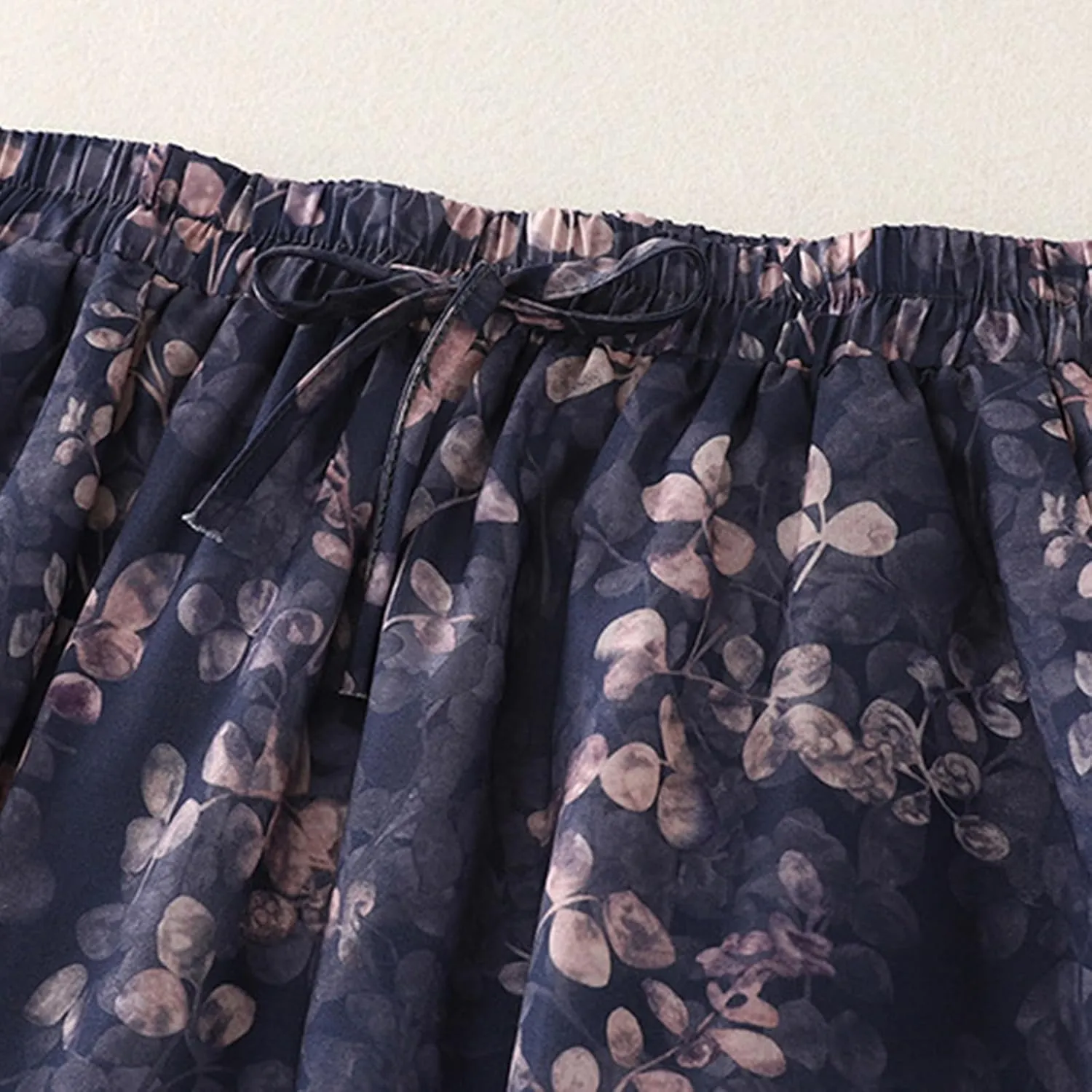 Women's Boho Floral Skirts Casual Soft Drawstring Elastic High Waisted Skirt Trendy Pleated Midi Skirts with Pockets