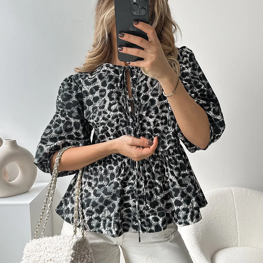 Women's Summer Leopard Print Puff Sleeve Round Neck Blouse